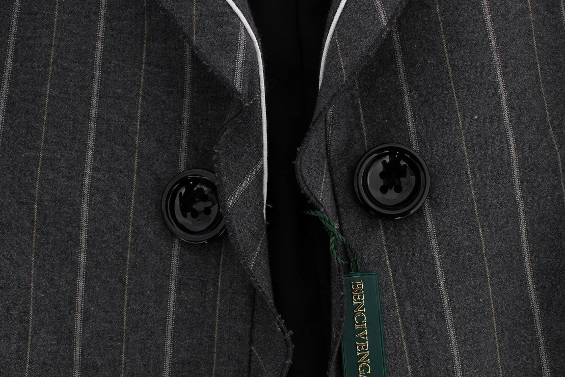 BENCIVENGA Elegant Gray Striped Dress & Blazer Suit Set