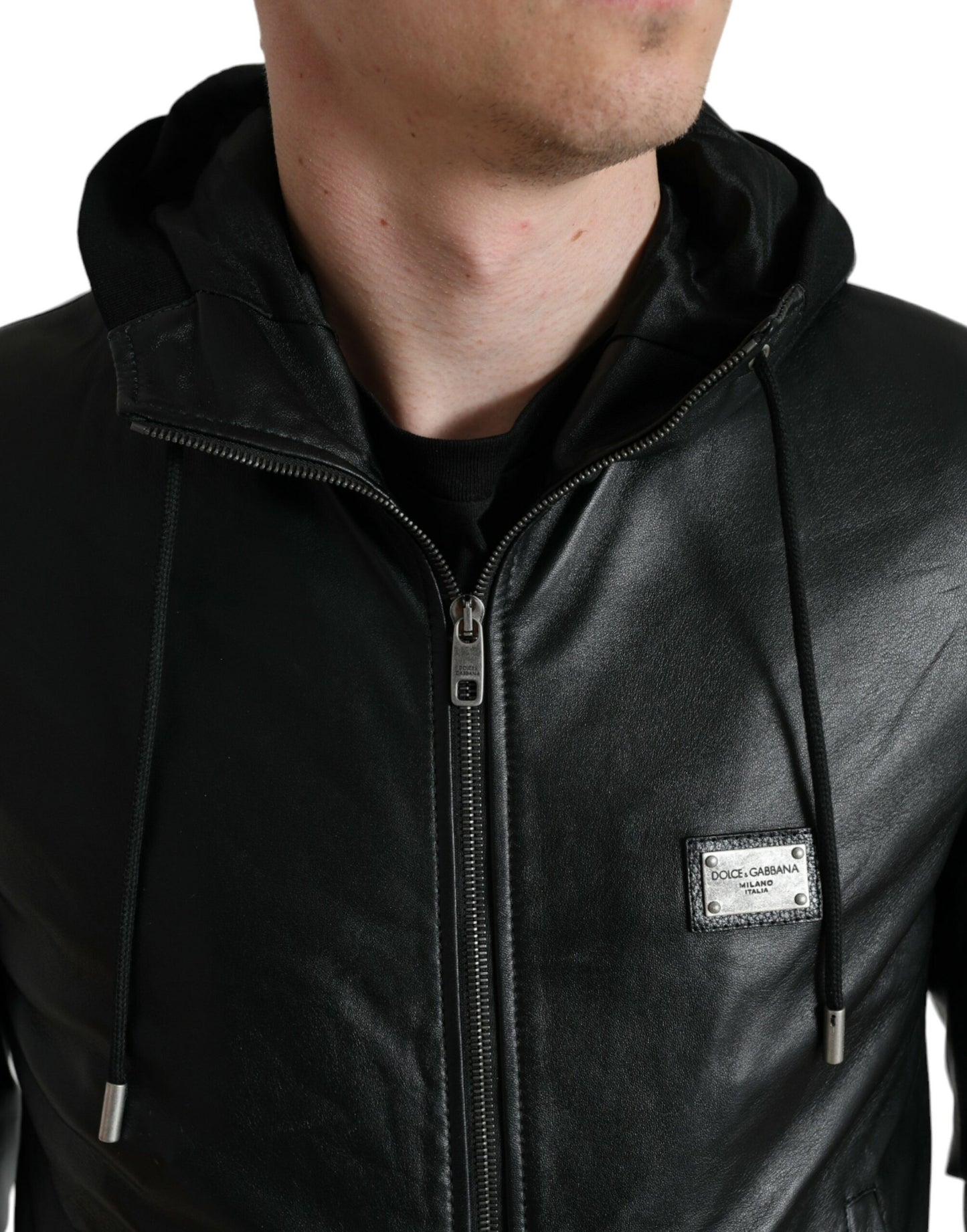 Dolce & Gabbana Black Leather Hooded Full Zip Logo Jacket