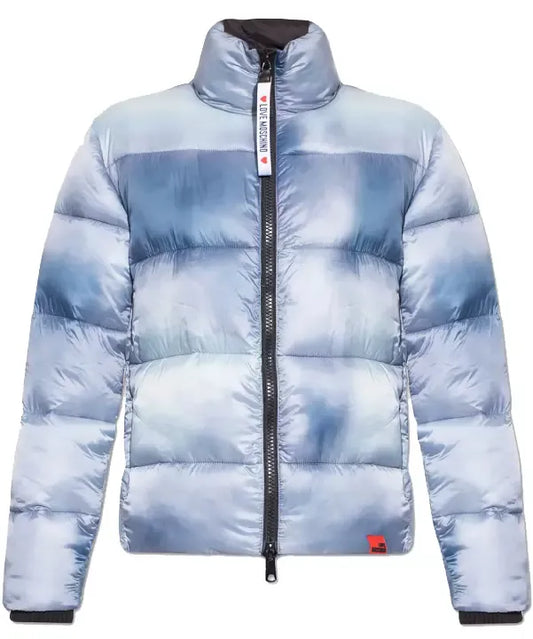 Love Moschino Chic Light Blue Down Jacket with Logo Patch