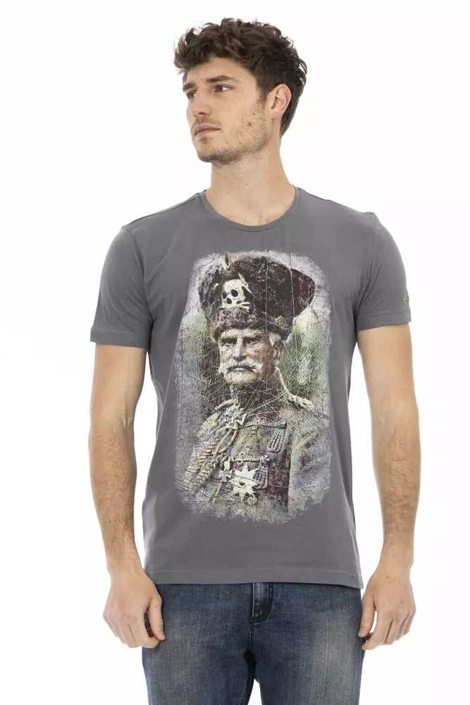 Trussardi Action Elegant Gray Round Neck Tee with Front Print