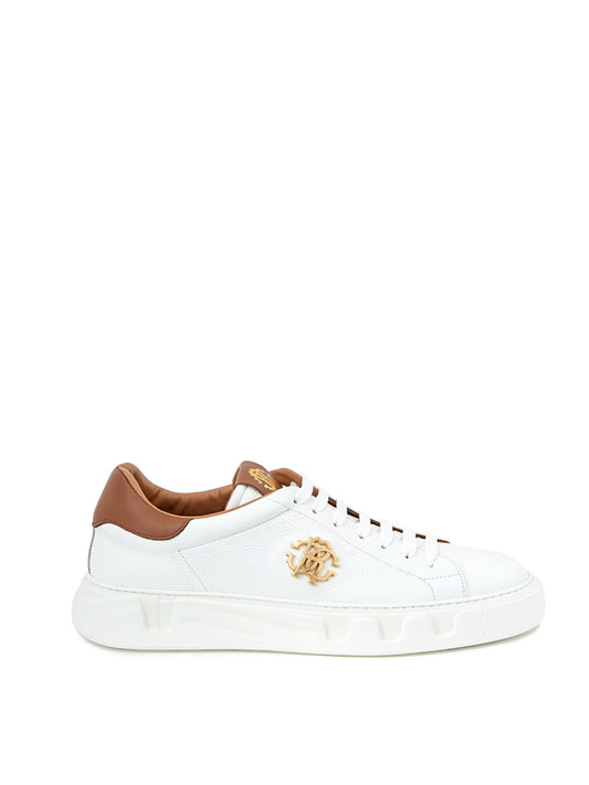 Roberto Cavalli Elegant White Leather Sneakers with Gold Accents