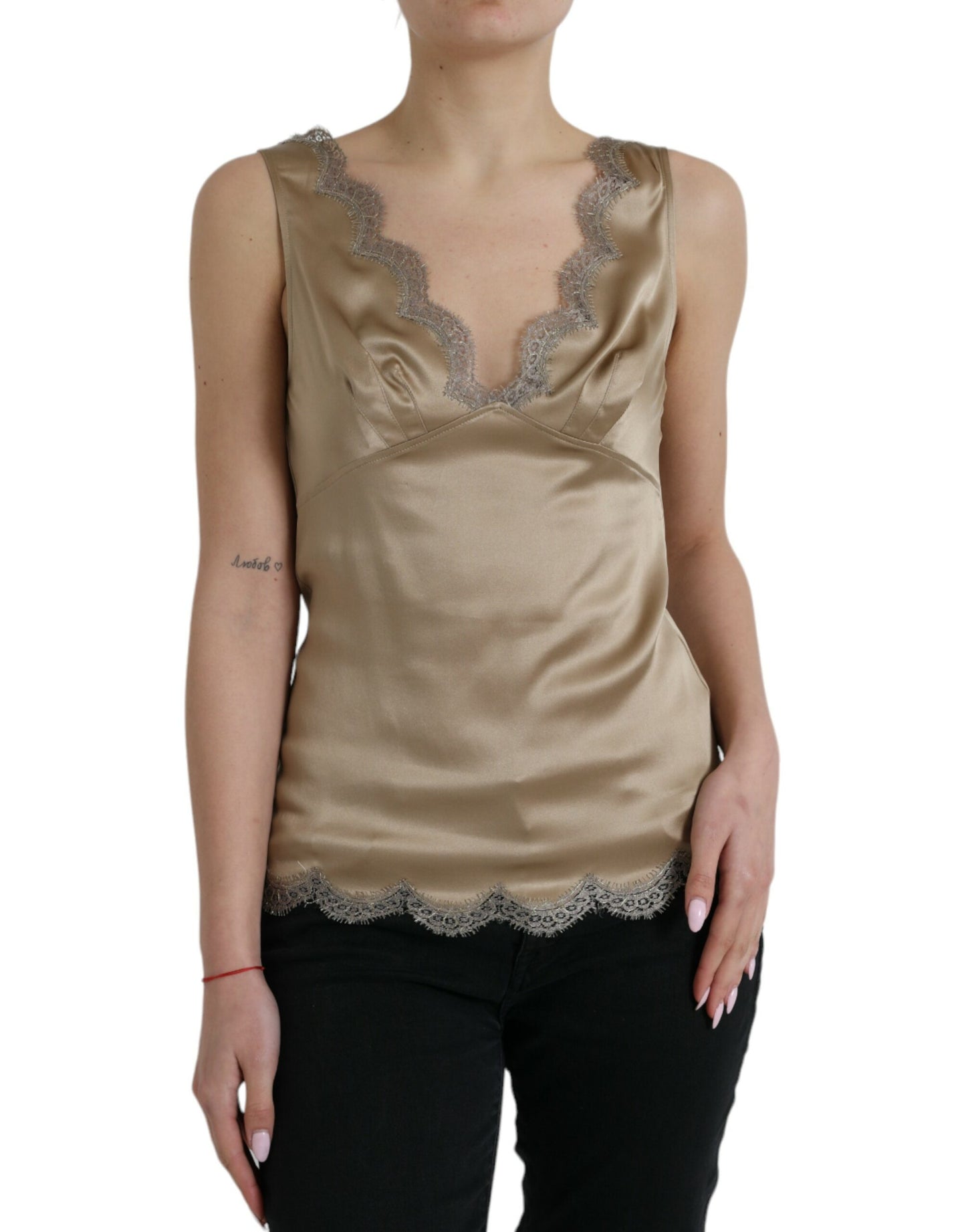 Dolce & Gabbana Brown Lace Trim V-neck Sleeveless Tank Top