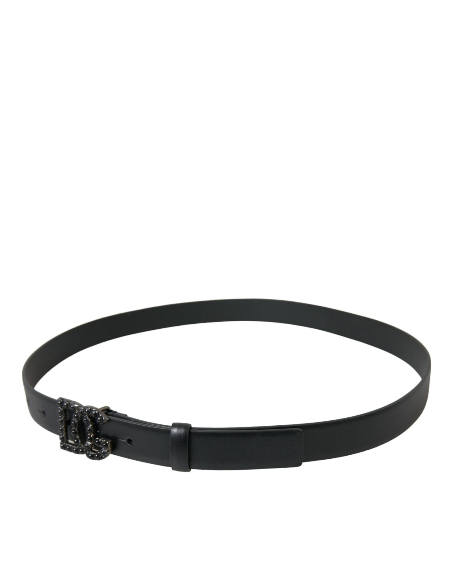 Dolce & Gabbana Black Calf Leather DG Crystal Buckle Belt