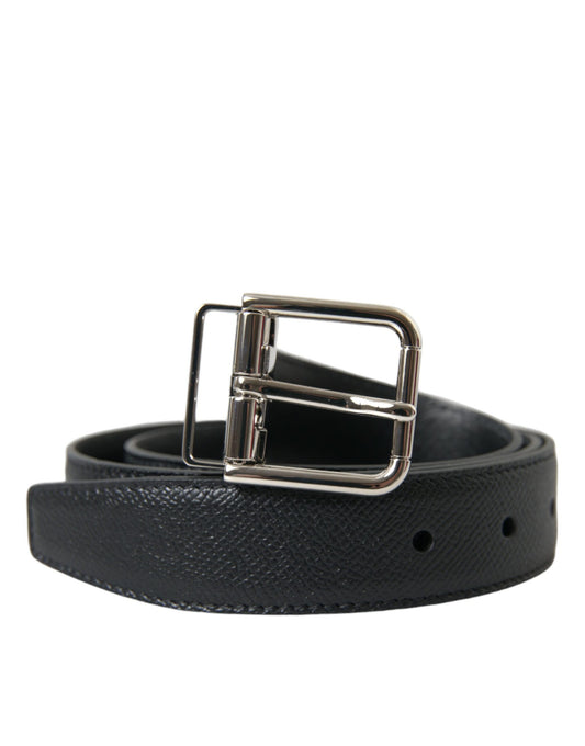 Dolce & Gabbana Black Calf Leather Silver Metal Buckle Belt