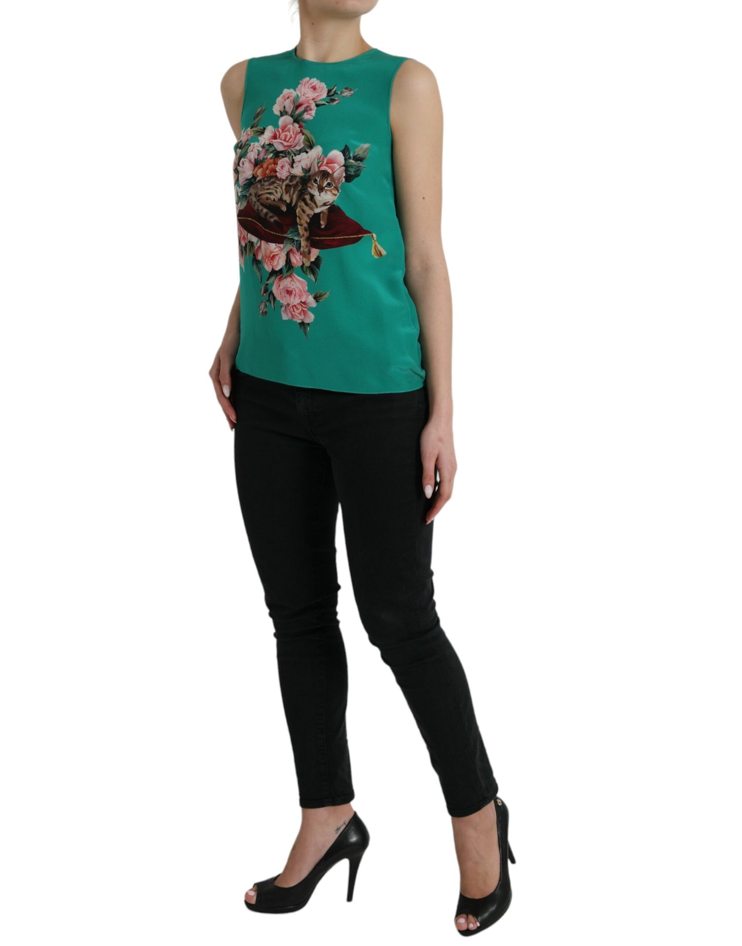 Dolce & Gabbana Green Floral Cat Silk Round Neck Tank Top