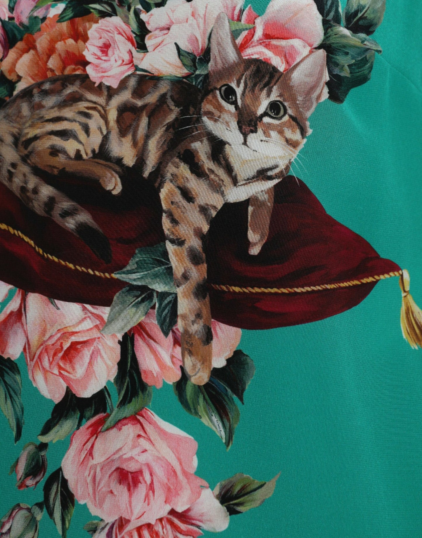 Dolce & Gabbana Green Floral Cat Silk Round Neck Tank Top