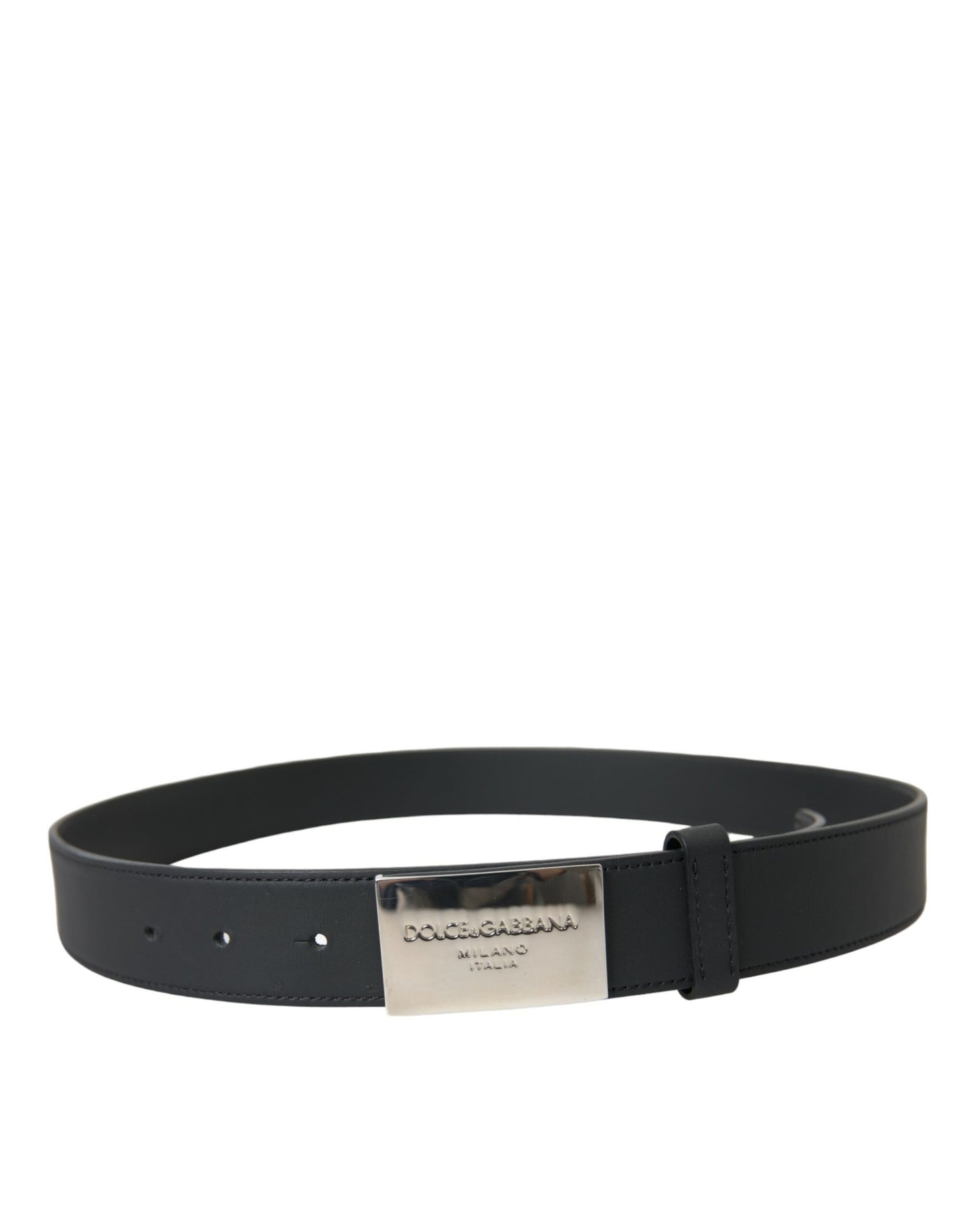 Dolce & Gabbana Black Leather Silver Square Metal Buckle Belt