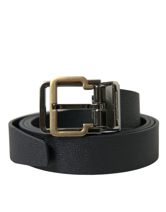 Dolce & Gabbana Black Leather Gold Silver Metal Buckle Belt