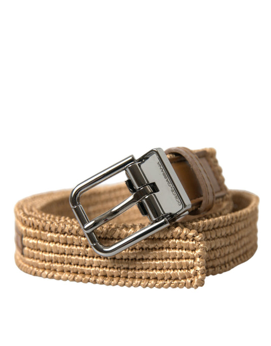 Dolce & Gabbana Beige Raffia Braided Silver Metal Buckle Belt