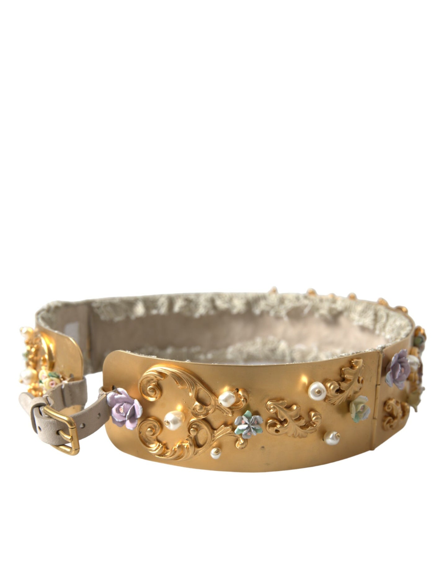 Dolce & Gabbana Gold Brass Faux Pearl Floral Embellished Belt