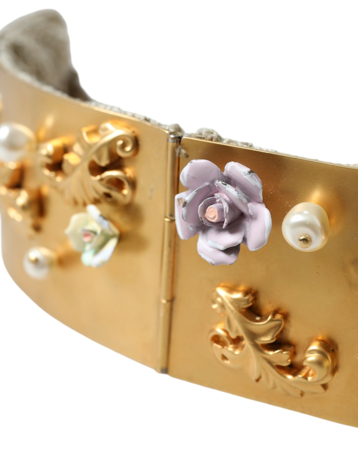 Dolce & Gabbana Gold Brass Faux Pearl Floral Embellished Belt