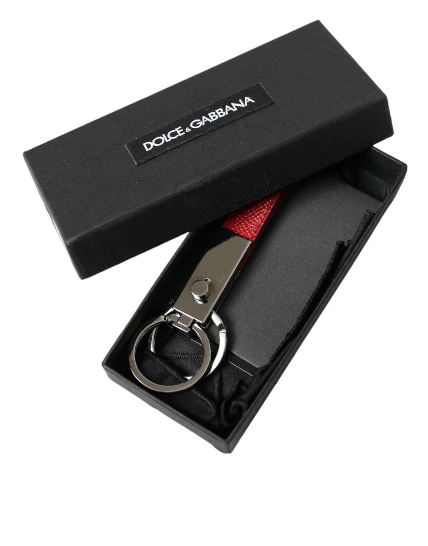 Dolce & Gabbana Red Leather Logo Plaque Silver Brass Keyring Keychain