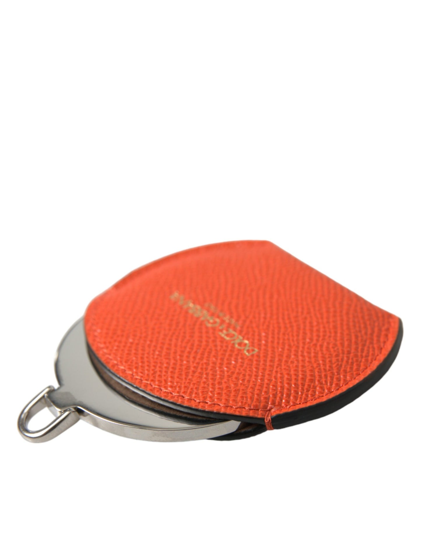 Dolce & Gabbana Orange Calfskin Leather Round Logo Hand Mirror Holder