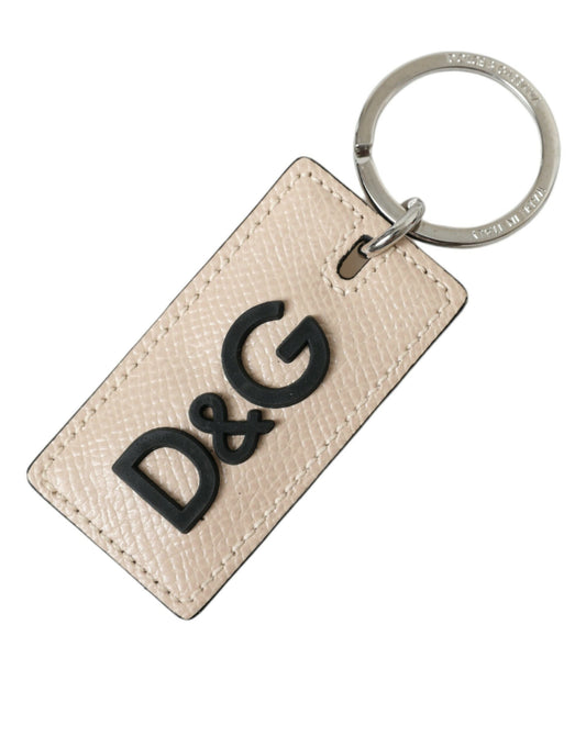 Dolce & Gabbana Beige Calf Leather DG Logo Silver Brass Keyring Keychain