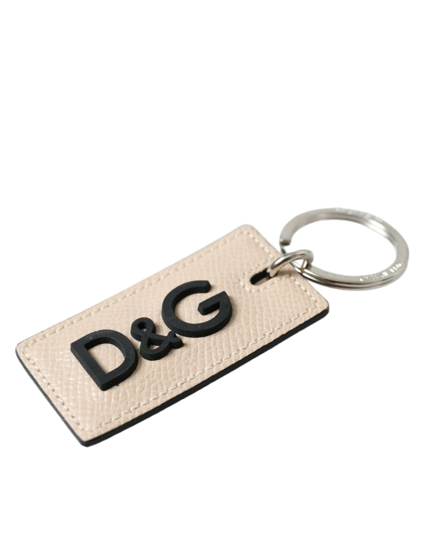 Dolce & Gabbana Beige Calf Leather DG Logo Silver Brass Keyring Keychain