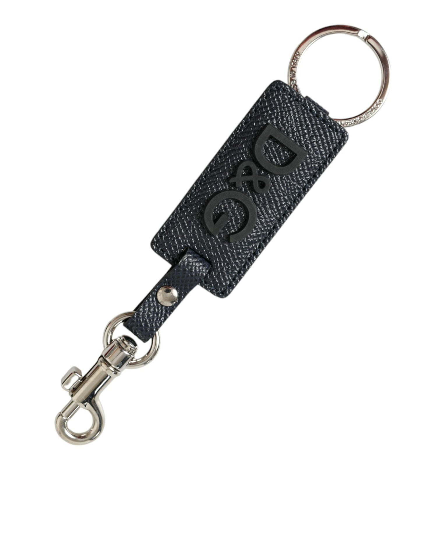 Dolce & Gabbana Black Calf Leather DG Logo Silver Brass Keyring Keychain