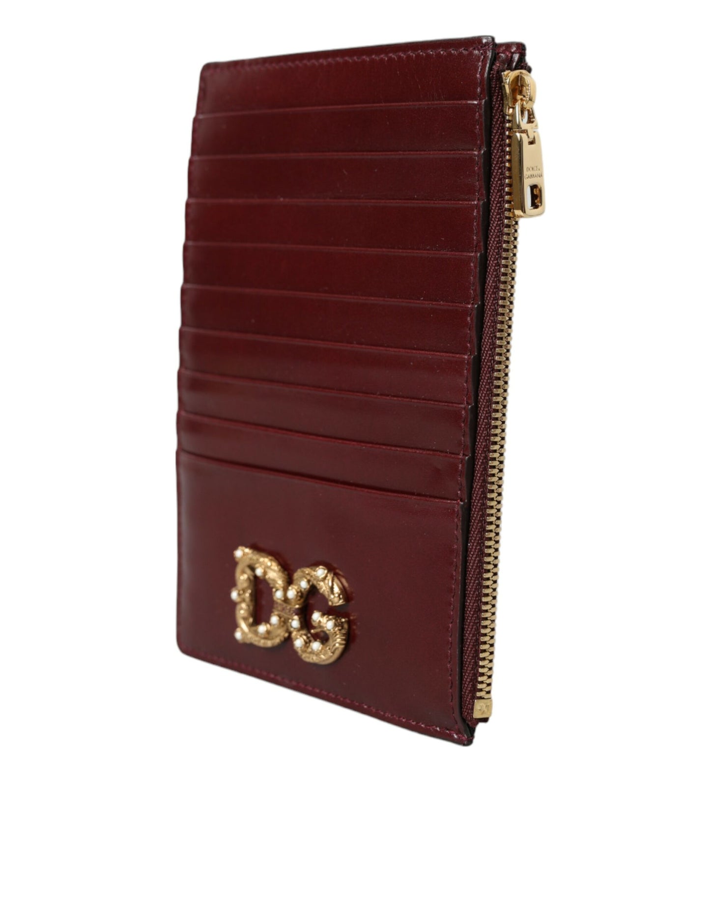 Dolce & Gabbana Maroon Leather DG Amore Zip Card Holder Wallet