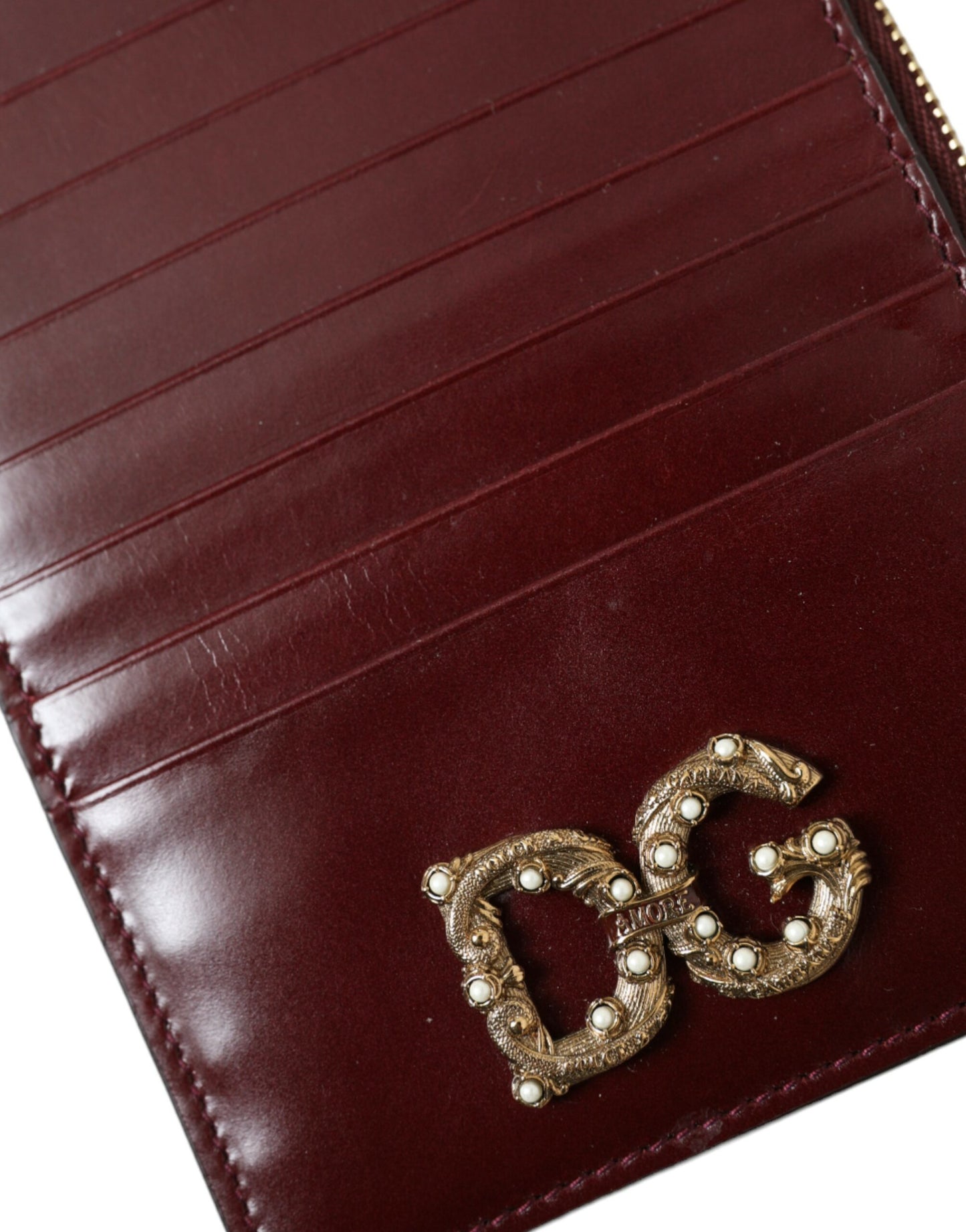 Dolce & Gabbana Maroon Leather DG Amore Zip Card Holder Wallet