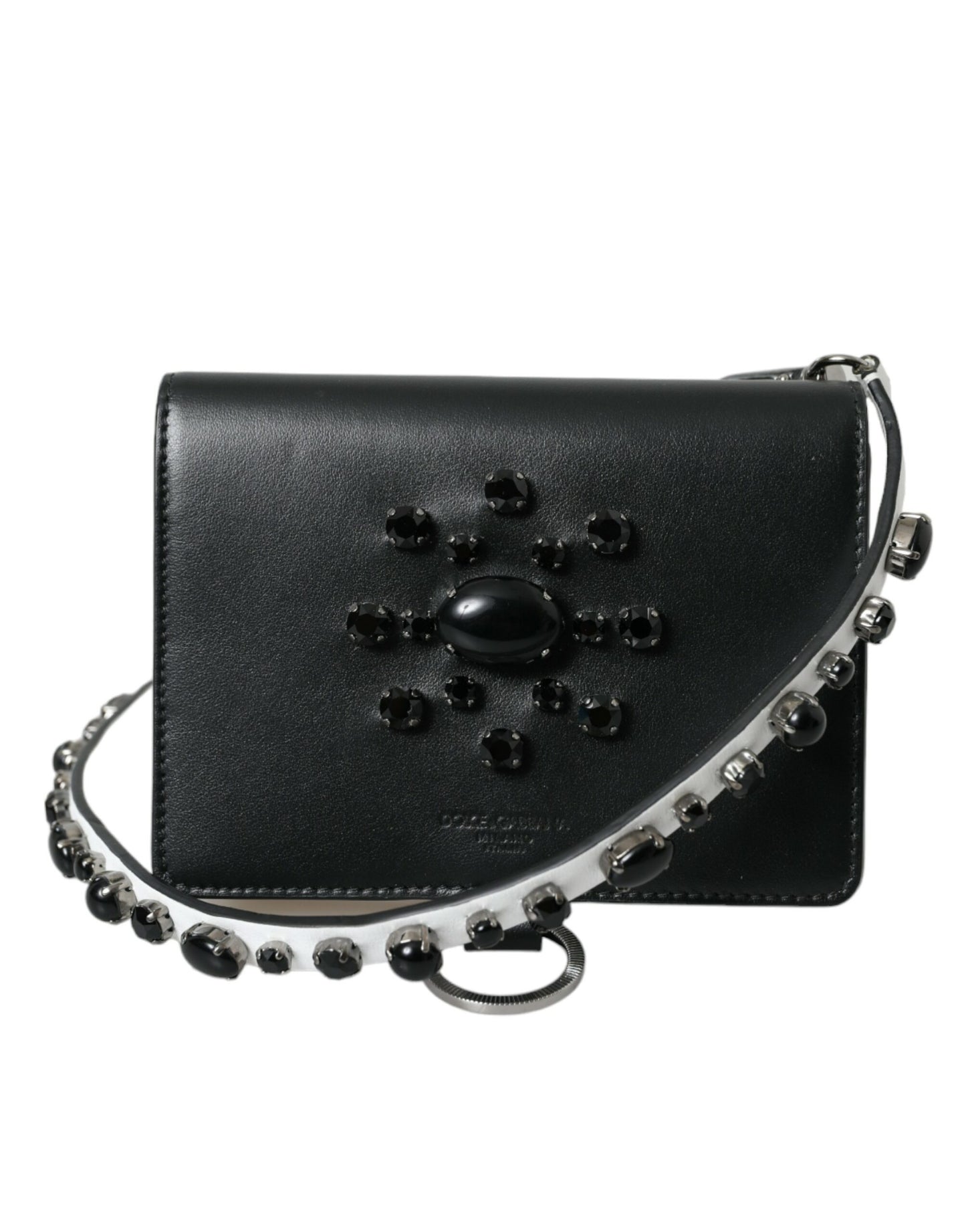 Dolce & Gabbana Black White Leather Crystal Embellished Cardholder Wallet