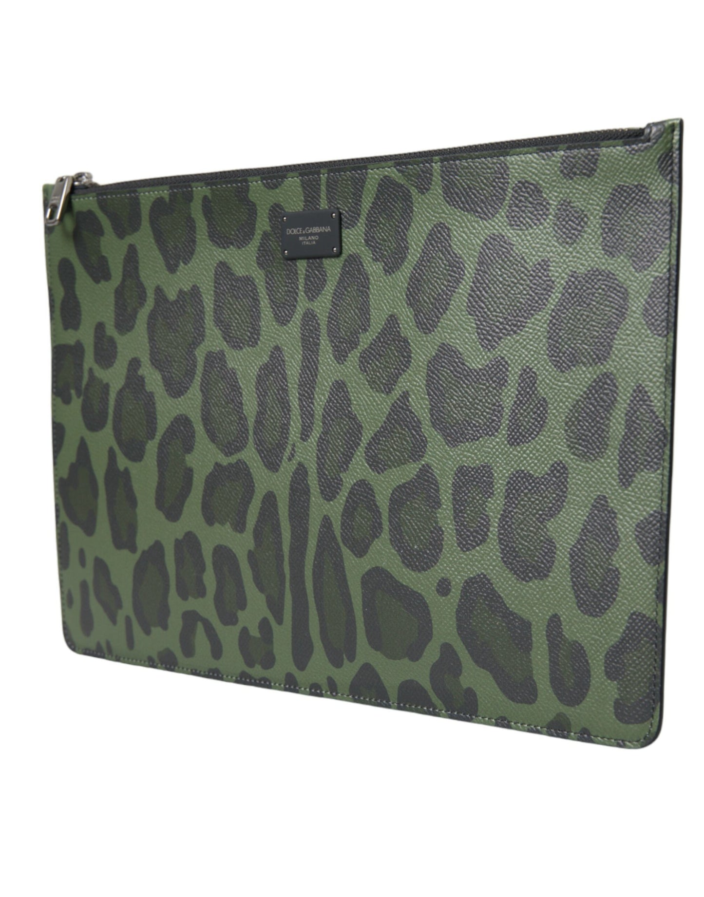 Dolce & Gabbana Green Logo Patch Leopard Leather Clutch Bag