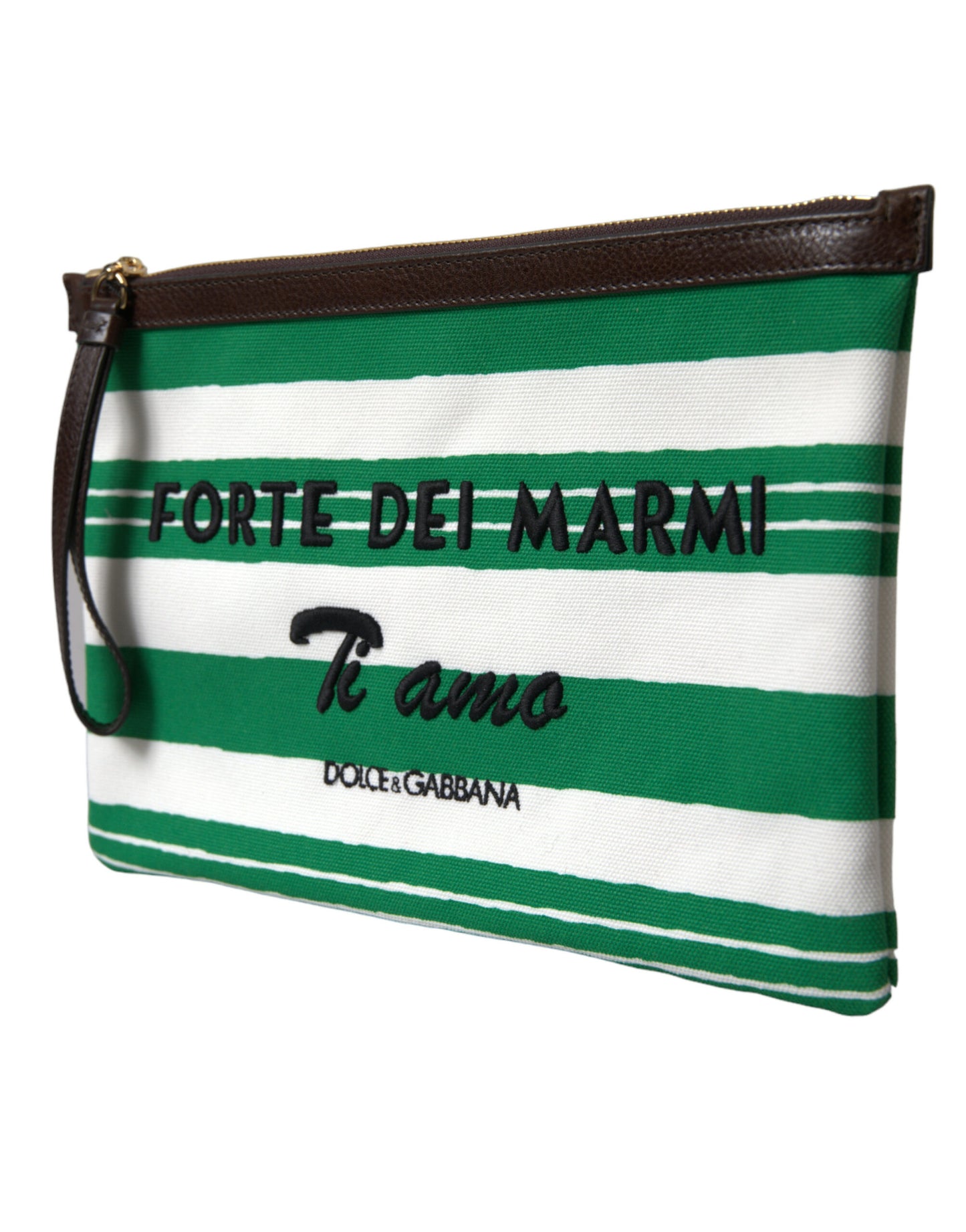 Dolce & Gabbana White Green Stripes Cotton Printed Clutch Bag