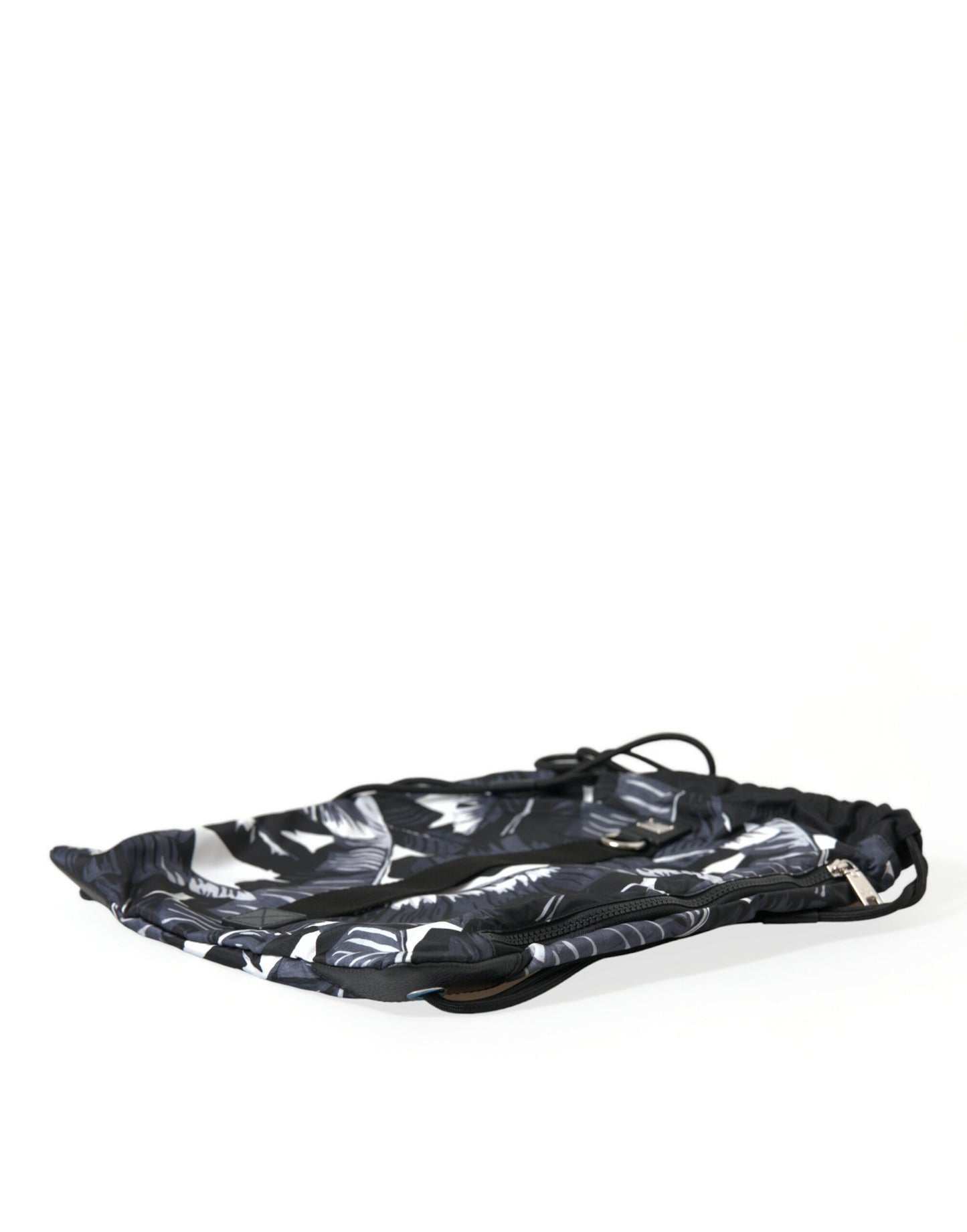 Dolce & Gabbana Black Leaf Print Adjustable Drawstring Nap Sack Bag