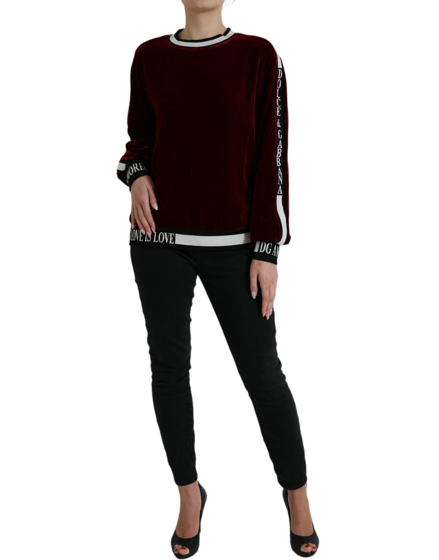 Dolce & Gabbana Bordeaux Velvet Round Neck Pullover Sweater