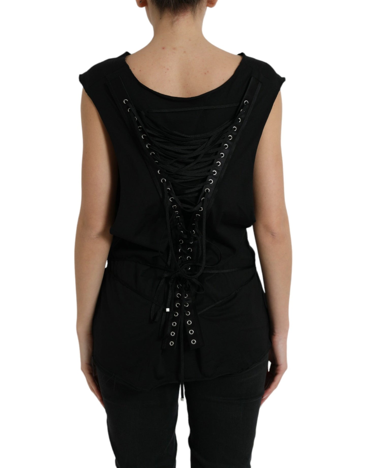 Dolce & Gabbana Black Cotton Lace Up Logo Round Neck Tank Top