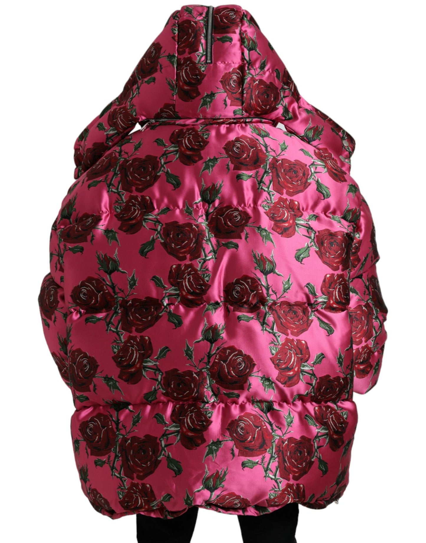 Dolce & Gabbana Pink Roses Pattern Hooded Padded Zip Jacket