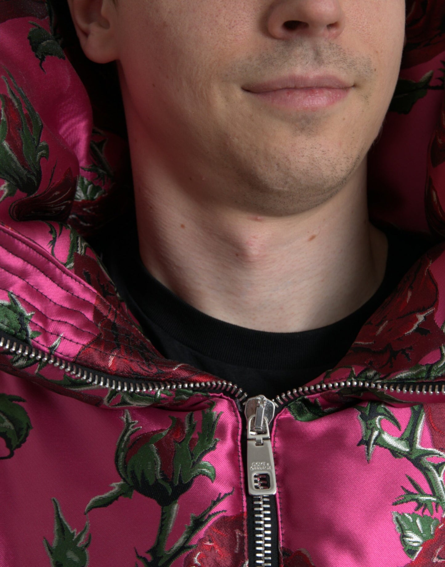 Dolce & Gabbana Pink Roses Pattern Hooded Padded Zip Jacket