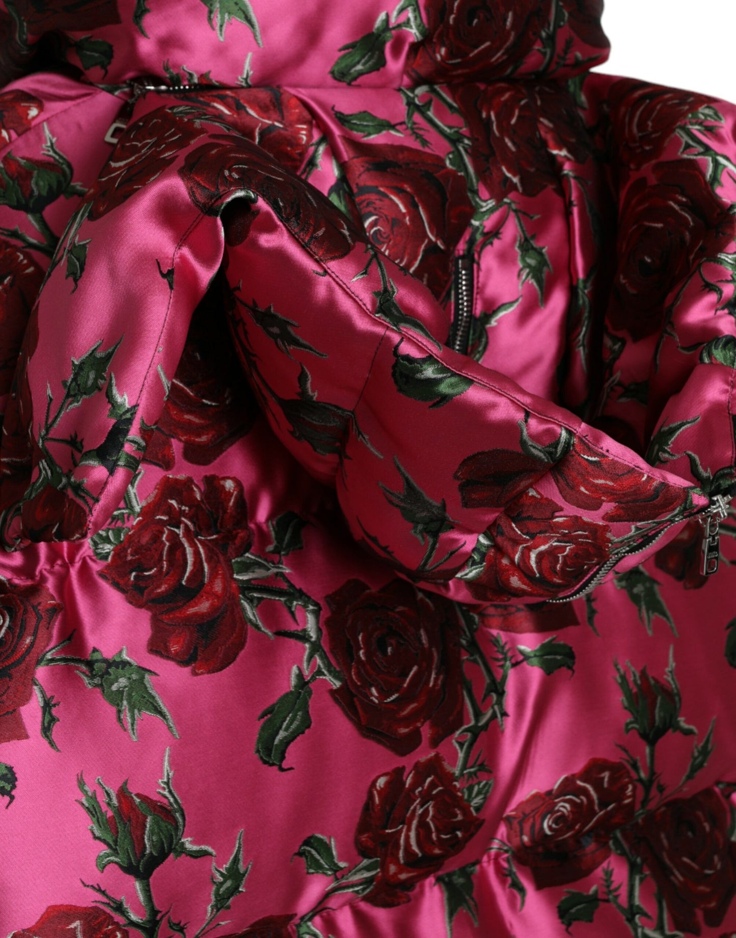 Dolce & Gabbana Pink Roses Pattern Hooded Padded Zip Jacket