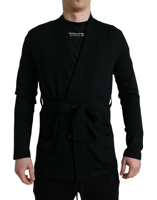 Dolce & Gabbana Black Cashmere Long Sleeves Belted Wrap Robe