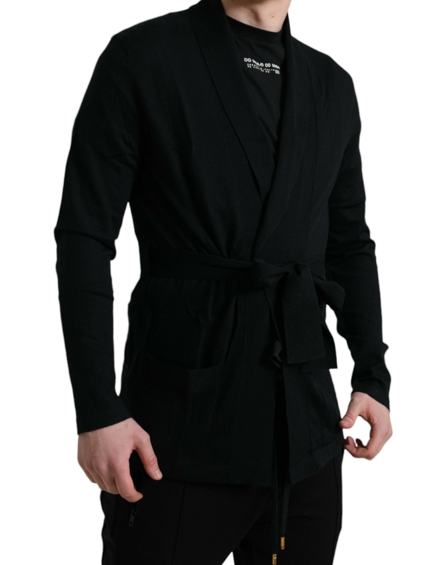 Dolce & Gabbana Black Cashmere Long Sleeves Belted Wrap Robe