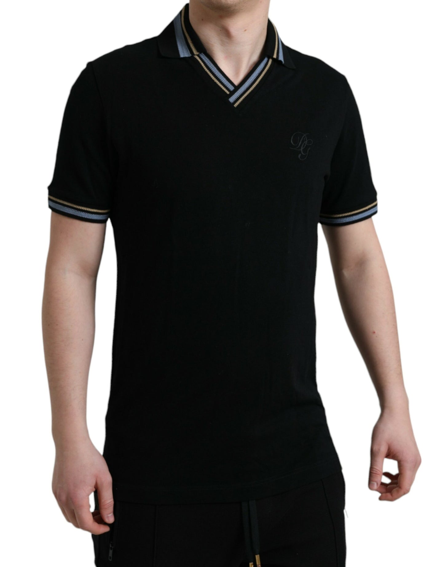 Dolce & Gabbana Black Cotton Collared V-neck Polo T-shirt