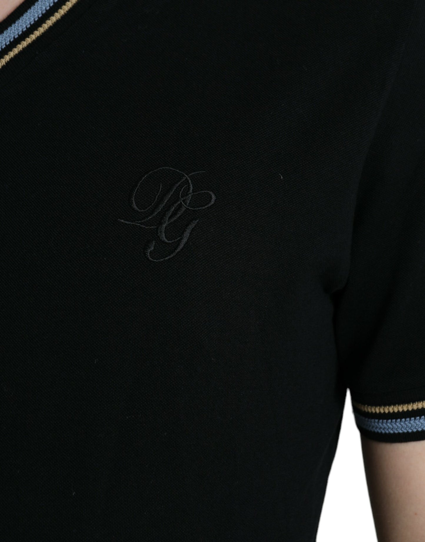 Dolce & Gabbana Black Cotton Collared V-neck Polo T-shirt