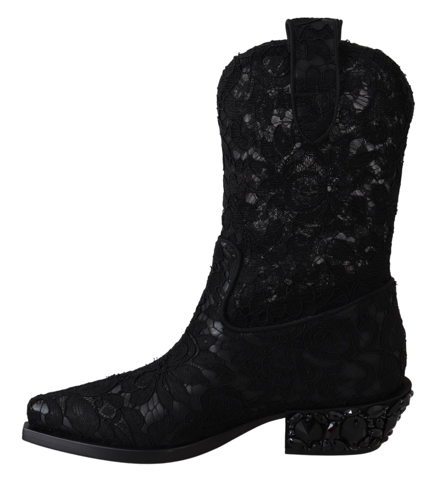 Dolce & Gabbana Black Lace Taormina Ankle Cowboy Crystal Shoes