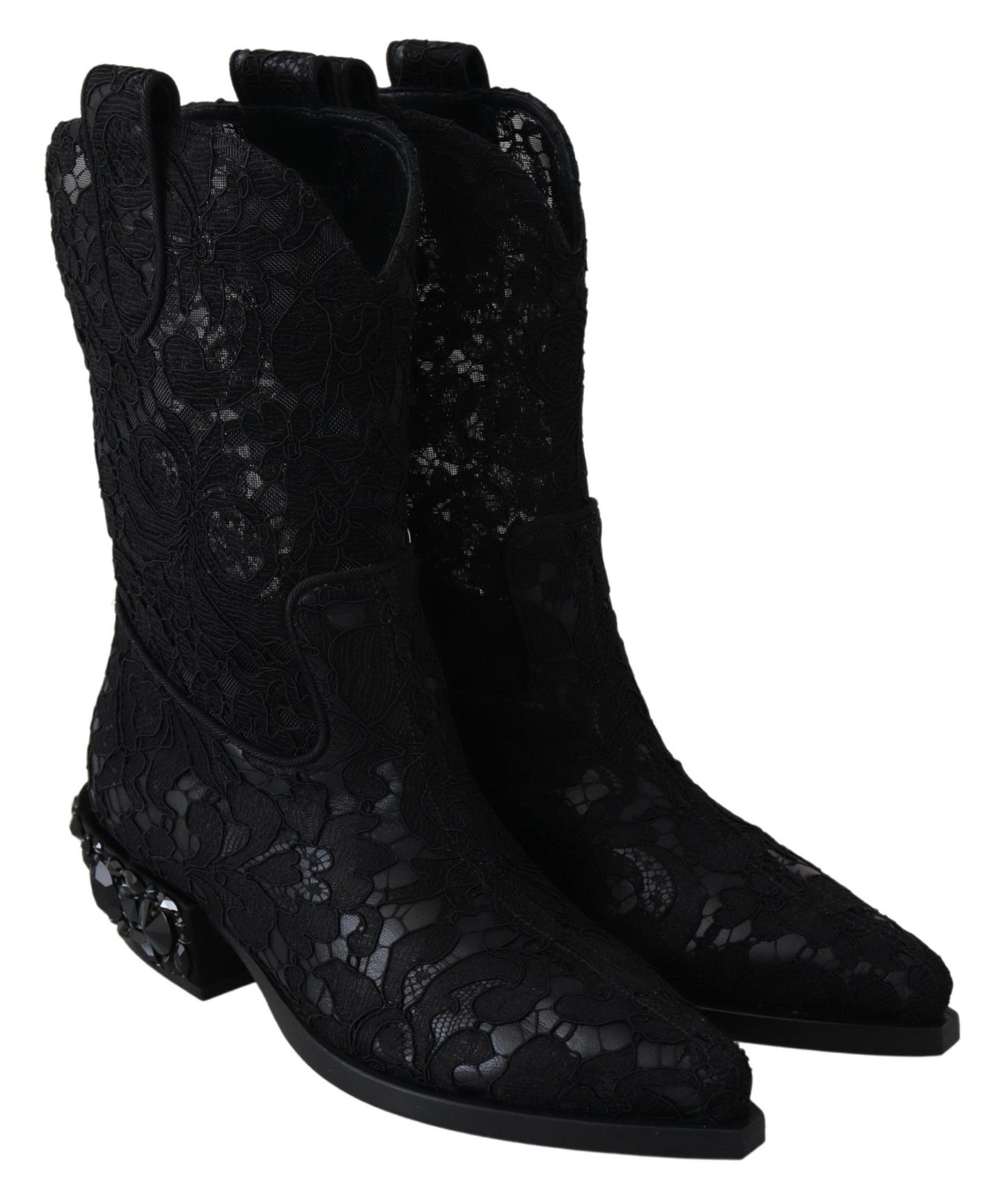 Dolce & Gabbana Black Lace Taormina Ankle Cowboy Crystal Shoes