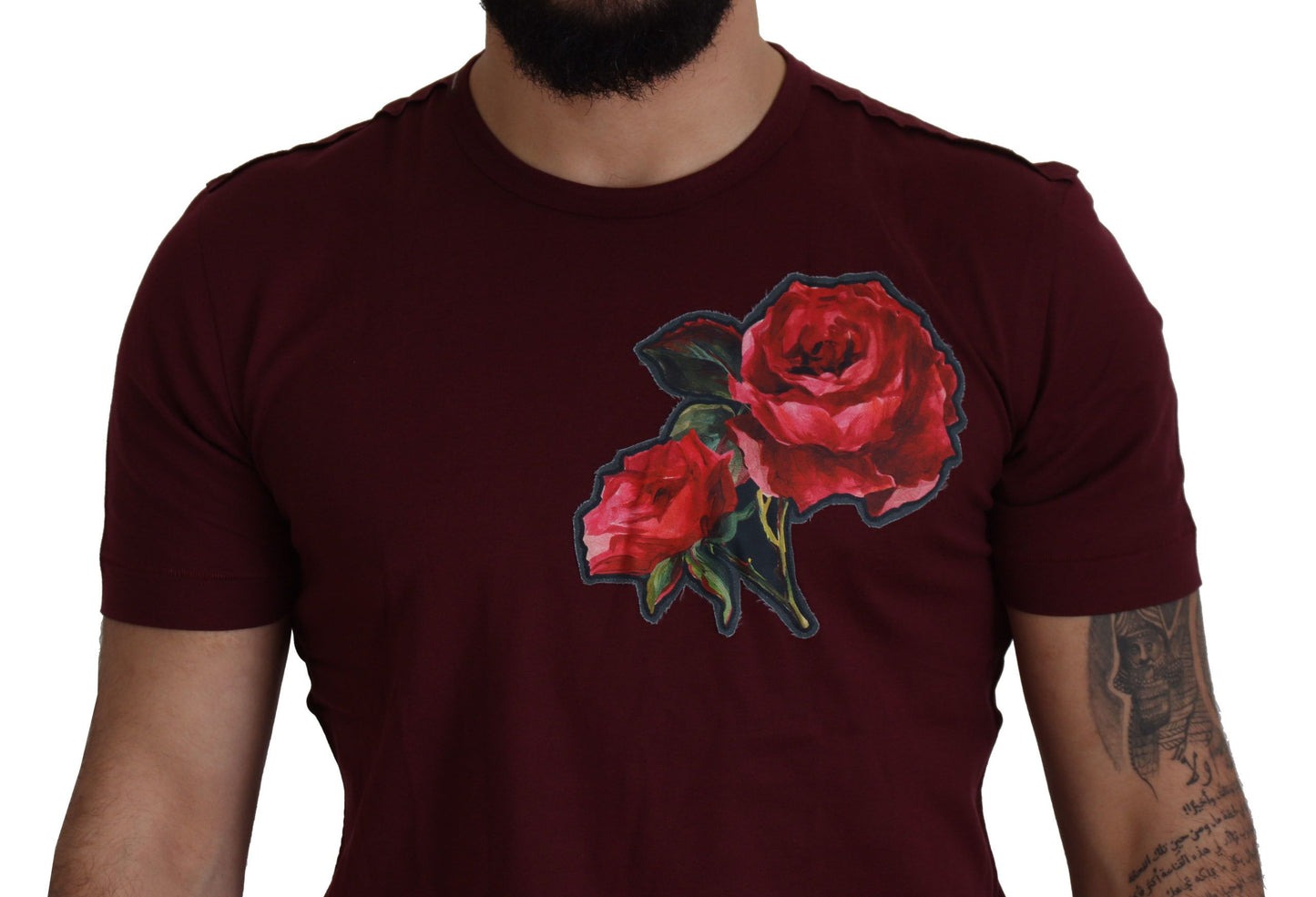 Dolce & Gabbana Bordeaux Roses Cotton Crewneck T-shirt