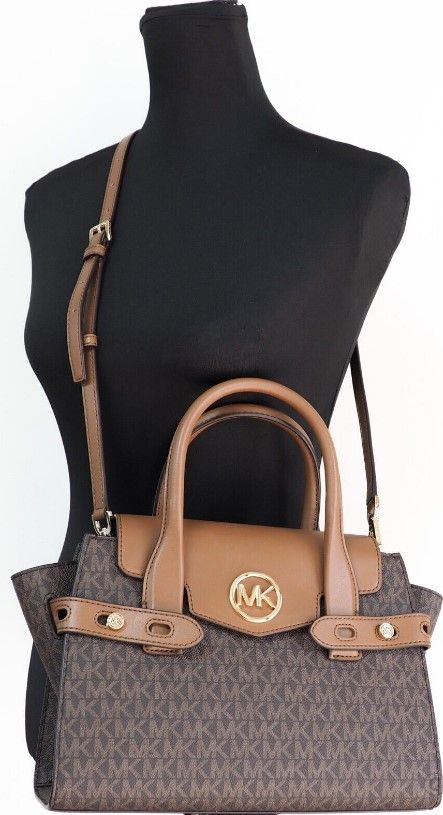 Michael Kors Carmen Medium PVC Leather Satchel Handbag Purse Brown Signature