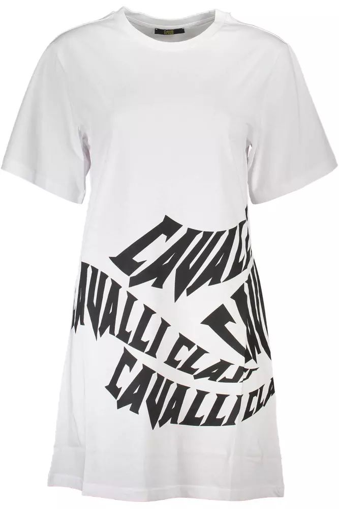 Cavalli Class Elegant White Cotton Dress with Designer Print