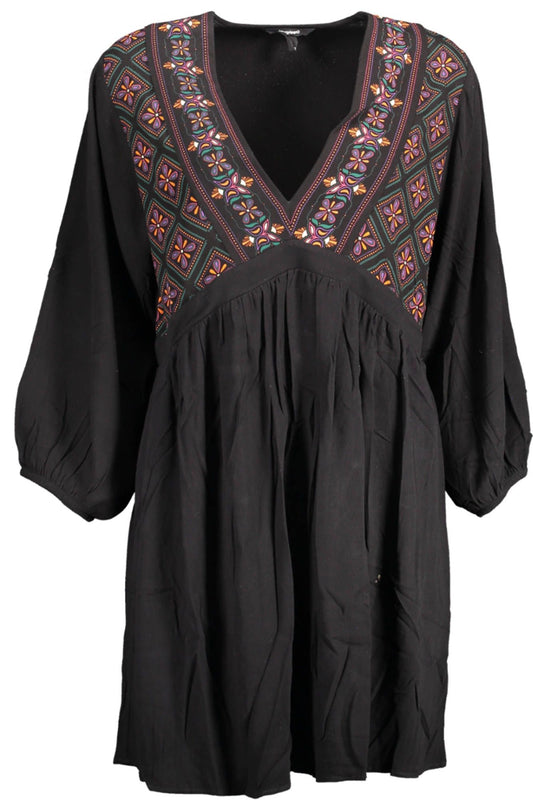 Desigual Elegant Black Viscose Dress with Contrasting Details