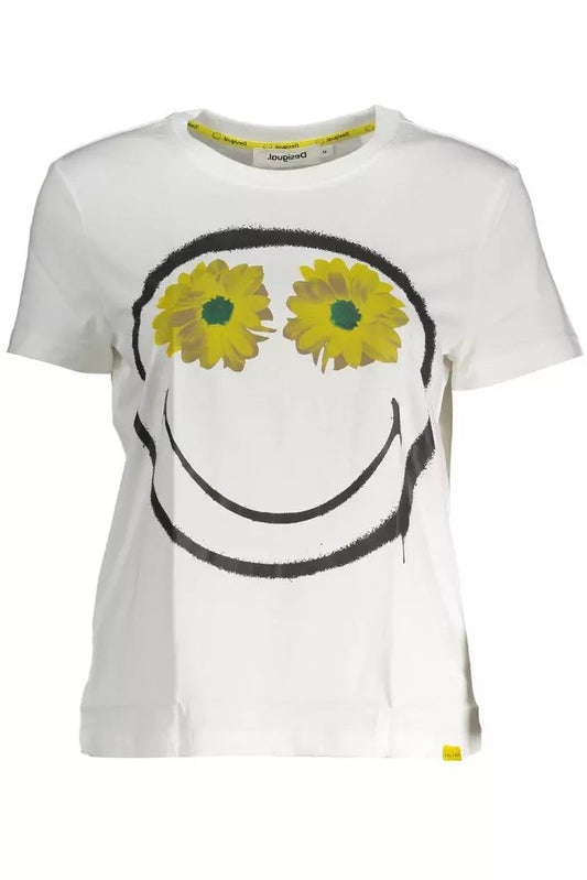 Desigual Chic White Printed Cotton Tee with Logo