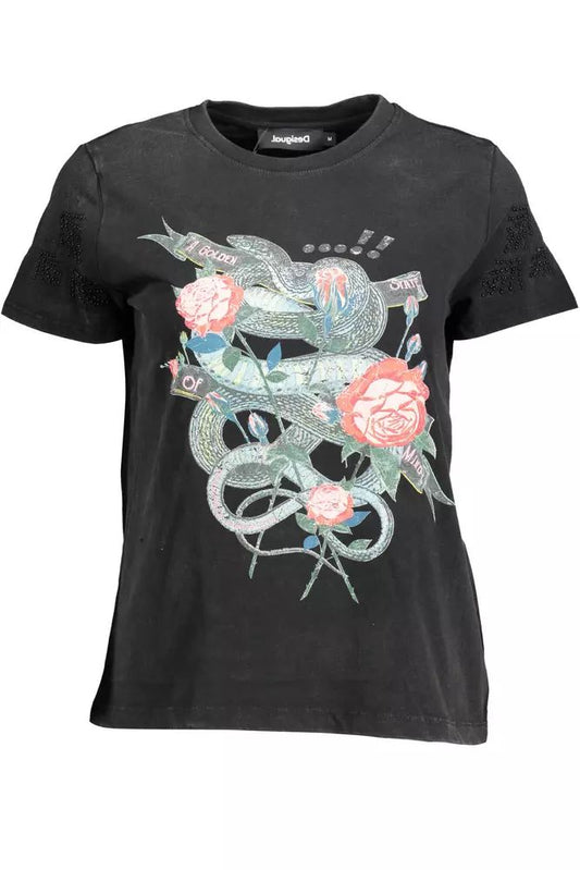 Desigual Chic Black Printed Tee with Unique Embellishments