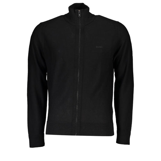 Hugo Boss Sleek Black Wool Blend Cardigan with Embroidered Logo