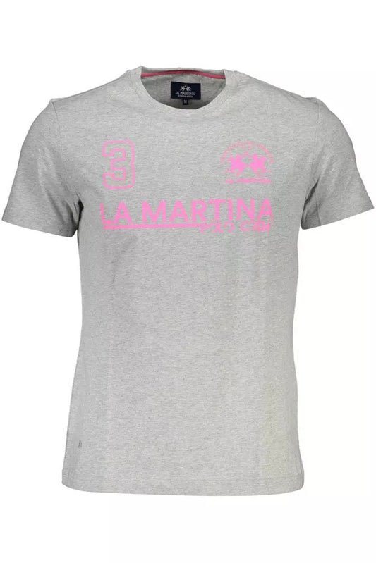 La Martina Elegant Gray Cotton Tee with Signature Print