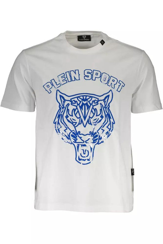 Plein Sport Crisp White Cotton Crew Neck Tee with Print