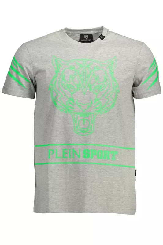 Plein Sport Sleek Gray Crew Neck Logo Tee with Contrasting Details