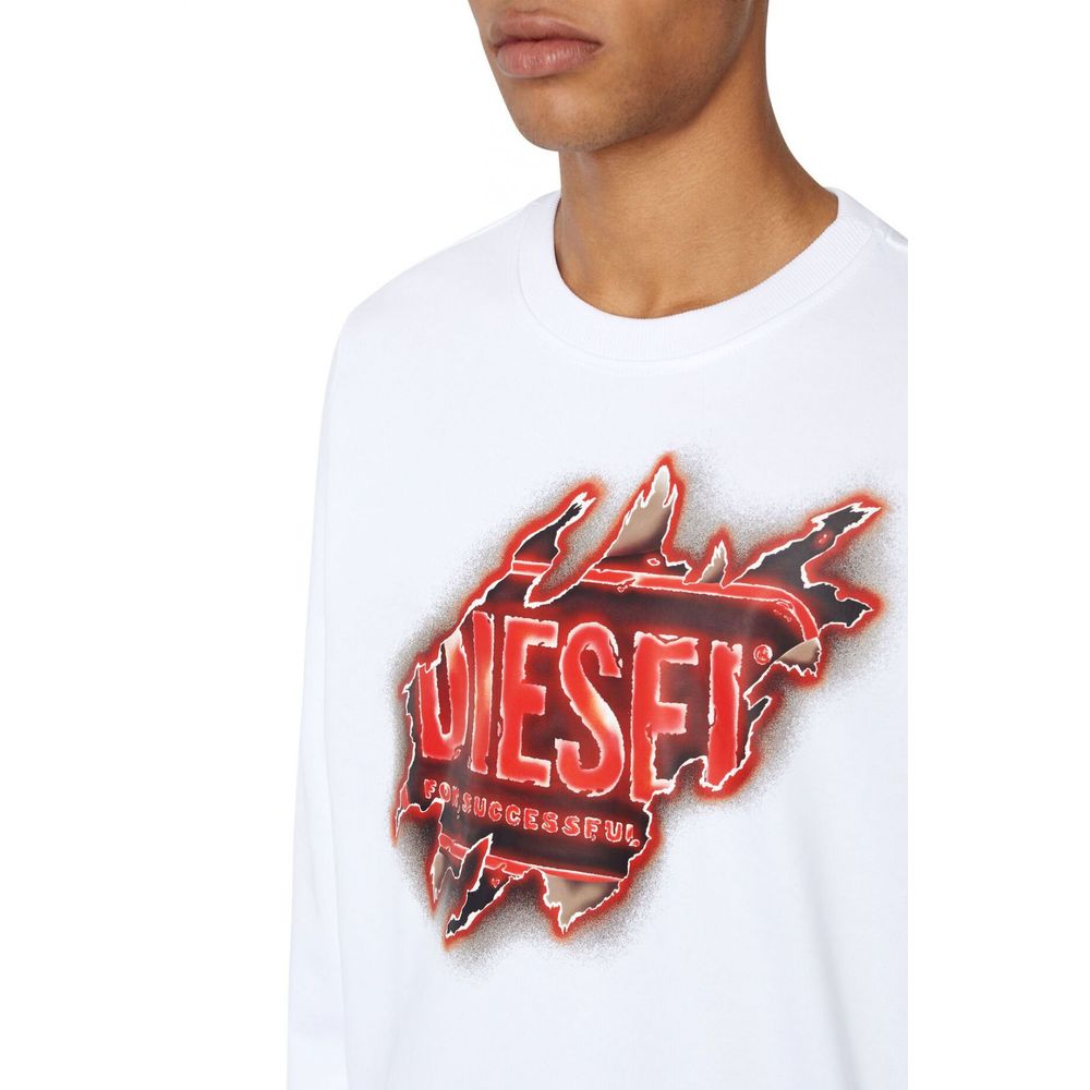 Diesel Crisp White Cotton Crewneck Sweatshirt with Print