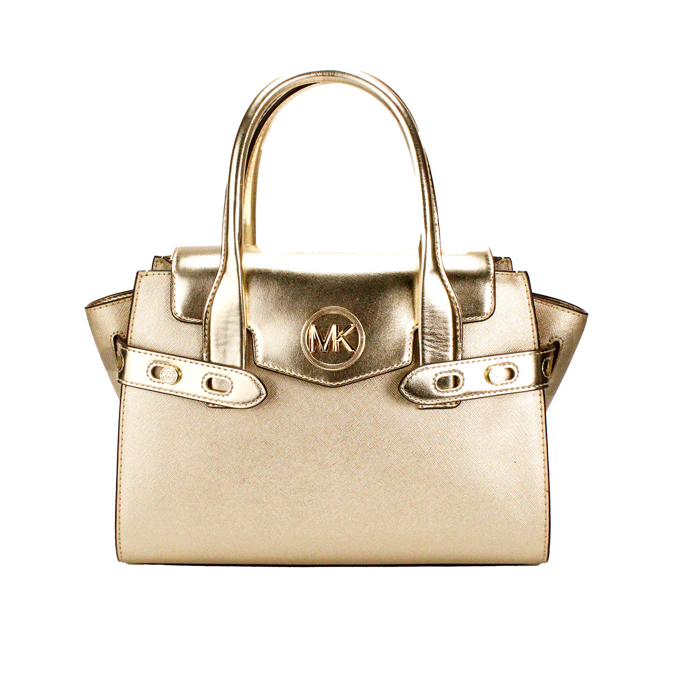 Michael Kors Carmen Medium Pale Gold Saffiano Leather Satchel Purse Bag