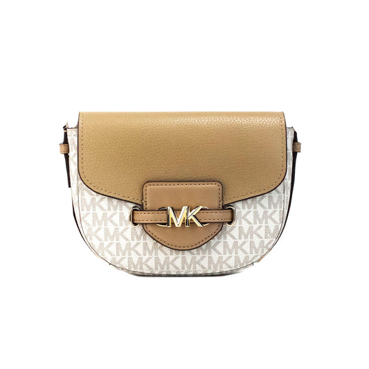 Michael Kors Reed Small Camel Signature PVC Flap Saddle Crossbody Bag